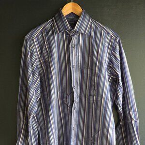 Bugatchi men's LS Long Sleeve button up dress shirt striped blue brown white m